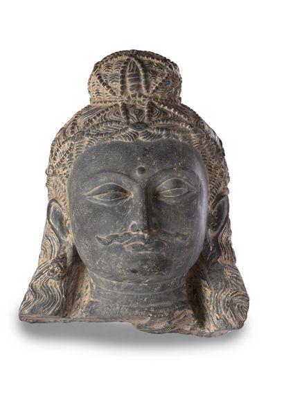 null LARGE BODHISATTVA HEAD in carved and polished grey schist, fine moustache, richly...