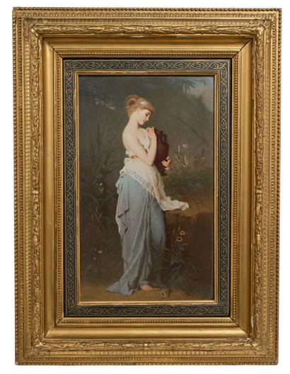 null 柏林 - KPM
根据罗伯特-朱利叶斯-贝施拉格（1838 - 1903）的作品绘制的赛琪白瓷盘。她的形象是一个穿着蓝色古装的年轻女子，手里拿着一个amphora。背面有空心的标记。柏林，19世纪下半叶。
高...