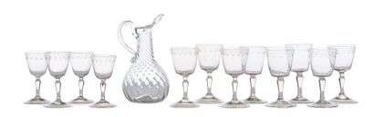 null 一组由八个大杯子和四个小杯子组成的玻璃杯，蕨类玻璃，美丽的透明度，截顶的圆锥杯刻有酒轮，杯脚有折边。法国，18世纪。
高度：12至14厘米
边缘的直径：6至7厘米
脚的直径：6,5至7,5厘米...