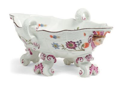 MEISSEN Sauceboat with espagnolettes in white porcelain and painted polychrome floral...