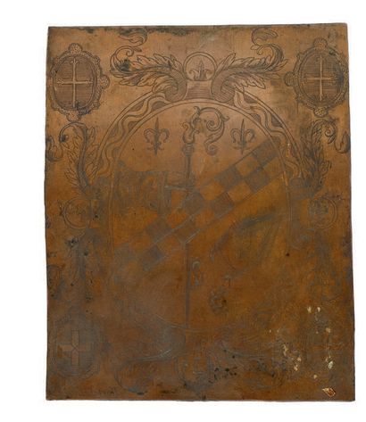 null MATRICE D'EX LIBRIS en cuivre gravé d'armoiries (probablement une abbaye) signé...