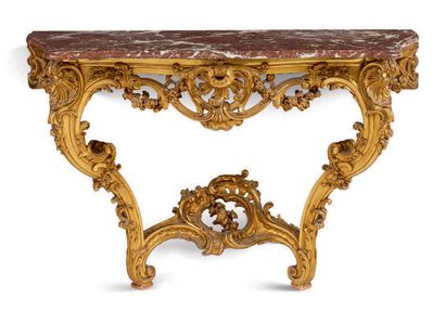 null CONSOLE in gilded wood richly carved with an openwork belt with rocaille and...