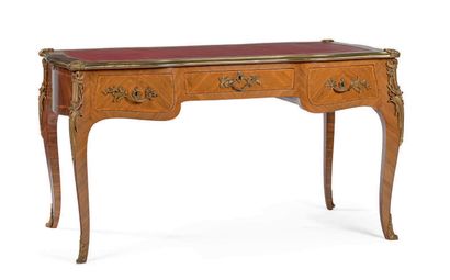 null Rectangular flat desk in wood veneer in butterfly wing. The tray covered with...