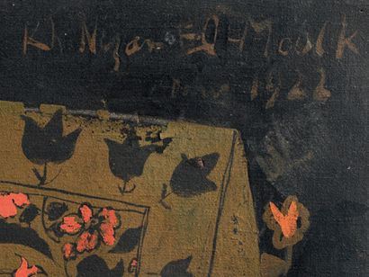 KHOURY DIT NIZAM EL MOULK (ACTIF VERS 1925) 一幅用布面油画绘制的三幅屏风，描绘了一对穿着波斯风格的坐着的夫妇，旁边是一个戴着橙色头巾的蓝色仆人，背景是一对站在塔上的琵琶手。有签名、定位和日期：Kh.Nizam...
