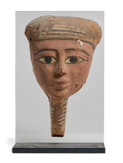 null SARCOPHAGE MASK in stuccoed and polychromed wood with a sculpted face of a man...
