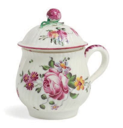 MENNECY Covered juice pot in white porcelain with soft paste, the twisted ribs in...