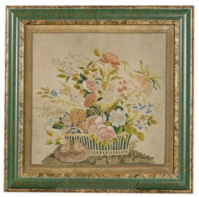 null FLOWER BOUQUET EMBROIDERY wool, velvet and silk polychrome on silk background....