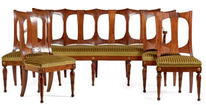 null ENGLISH SALON in mahogany composed of a sofa and four chairs, the backs flared...