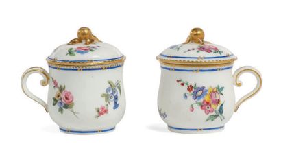 SÈVRES Deux pots à jus couverts en porcelaine blanche à pâte tendre, le décor polychrome...