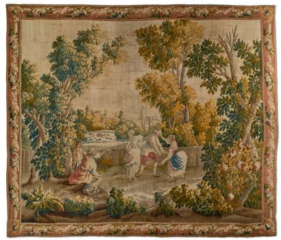 MANUFACTURE ROYALE D'AUBUSSON 重要的羊毛和丝绸挂毯，根据Jean-Baptiste Huet的漫画绘制，说明了Colin-Maillard的游戏，是Amusements...
