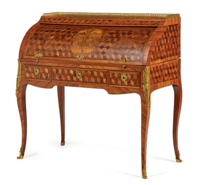 null SMALL CYLINDER DESK in inlaid wood with geometric decoration and a medallion...