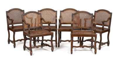 SET OF SIX ARMCHAIRS in molded and carved...