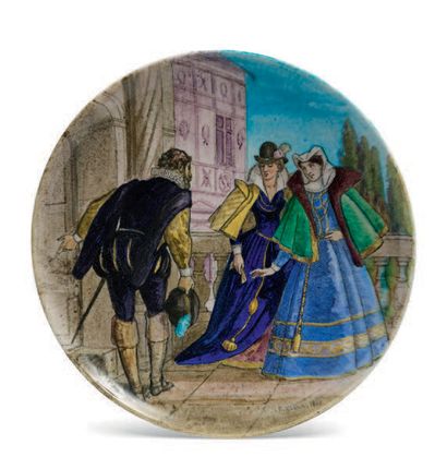 THÉODORE DECK (1823 - 1891) 圆盘上有多色的装饰，满是一个男人在迎接两个文艺复兴时期的宫女。签名为E. Gluck，日期为1863年。背面标有TH.DECK.
直径...