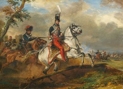 HORACE VERNET PARIS, 1789 - 1863 弗朗索瓦-约瑟夫-玛丽-克拉里伯爵（1786-1841）的轻骑兵画像
布面油画（原画布）
31...