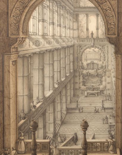 JEAN-JACQUES LEQUEU ROUEN, 1757 - 1826, PARIS 一个教堂的建筑项目
钢笔、棕色和黑色墨水、棕色水洗
左下方有签名和日期...