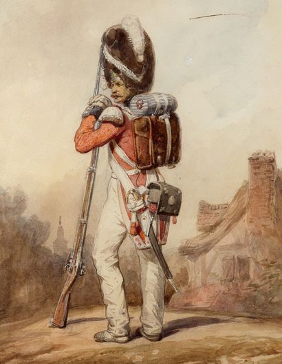 EUGÈNE LAMI PARIS, 1800-1890 Grenadier
Watercolor heightened with white
Signed lower...