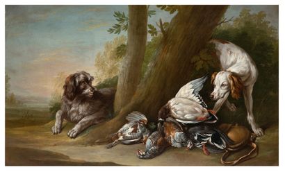 ÉCOLE FRANÇAISE DU DÉBUT DU XVIIIe SIÈCLE SUIVEUR DE FRANÇOIS DESPORTES 站在野鸡前面的狗。
两只狗在看守游戏
布面油画(一对)
98...