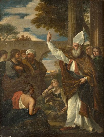 ATTRIBUÉ À PIER FRANCESCO MOLA COLDRERIO, 1612 - 1666, ROME 圣巴拿巴的传教
布面油画 
46,5 x...