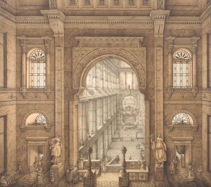 JEAN-JACQUES LEQUEU ROUEN, 1757 - 1826, PARIS 一个教堂的建筑项目
钢笔、棕色和黑色墨水、棕色水洗
左下方有签名和日期...
