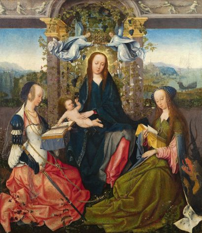 GOSWIN VAN DER WEYDEN ANVERS, 1455/1465 - C. 1538 圣母和圣婴，周围有亚历山大的圣凯瑟琳和安提阿的圣玛格丽特
油画...
