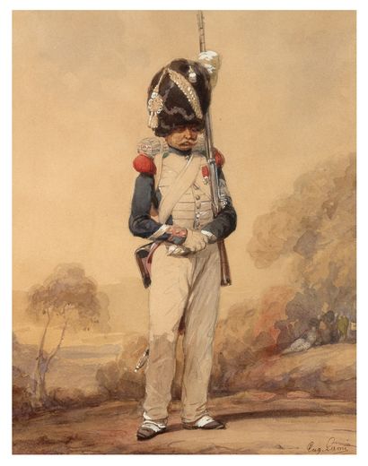 EUGÈNE LAMI PARIS, 1800-1890 Voltigeur of the Royal Guard
Watercolor heightened with...
