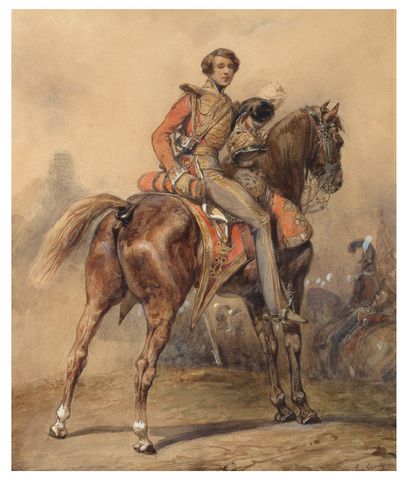 EUGÈNE LAMI PARIS, 1800-1890 皇家卫队的轻骑兵
铅笔和白色高光的水彩画
左下角有签名 Eug.拉米 
43,5 x 37 cm

