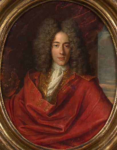 ÉCOLE ITALIENNE DE LA FIN DU XVIIe SIÈCLE 穿红衣的男人肖像
布面油画（椭圆） 
32,9 x 26 cm
