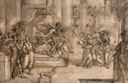 GIAMBATTISTA LORENZETTI VÉRONE, C. 1588 - C. 1668 以斯帖和亚哈苏鲁
纸上黑石、棕色墨水、雾状物、棕色水洗和白色水粉高光颜料
30...