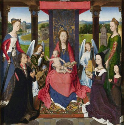 GOSWIN VAN DER WEYDEN ANVERS, 1455/1465 - C. 1538 圣母和圣婴，周围有亚历山大的圣凯瑟琳和安提阿的圣玛格丽特
油画...