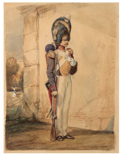 EUGÈNE LAMI PARIS, 1800-1890 国王军团的普通步兵卫队
铅笔和白色高光的水彩画
右下方有签名 Eug.拉米 
41,7 x 37厘米

欧仁-拉米是霍勒斯-弗内（1789...