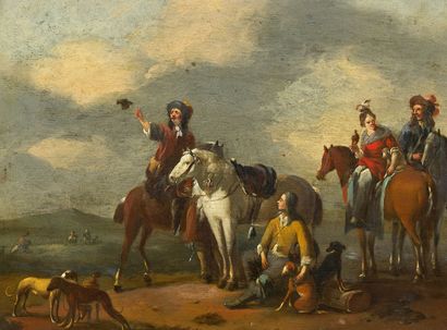 ATTRIBUÉ À JAN VAN HUCHTENBURG HAARLEM, 1647 - 1733, AMSTERDAM Riders receiving a...