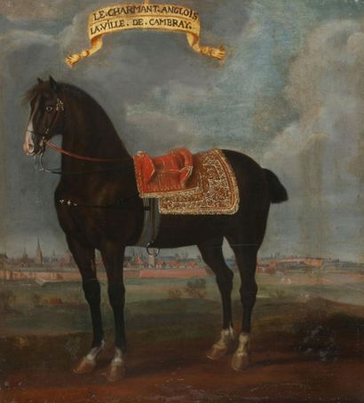 ÉCOLE FRANÇAISE DU XVIIe SIÈCLE 迪南镇前的 "Le San Pareil Espagnol "马的肖像
布面油画
43 x 53...