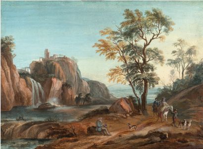 ATTRIBUÉ À JEAN-BAPTISTE LALLEMAND DIJON, 1716 - 1803, PARIS 河边的骑手
纸上水粉画
24 x 31...