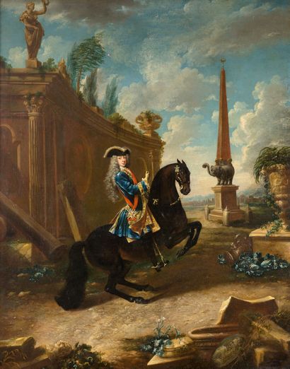 JOHANN GEORG DE HAMILTON MUNICH, 1672 - 1737, VIENNE 神圣罗马帝国皇帝查理六世(1685-1740)的推定肖像，他的马仰头作揖的样子
布面油画
59...
