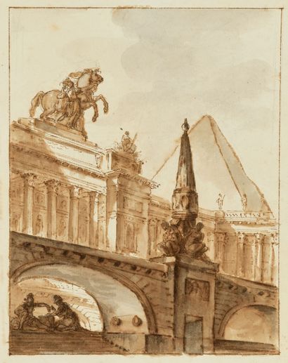 ATTRIBUÉ À CHARLES MICHEL-ANGE CHALLE PARIS, 1718 - 1779 建筑任性
钢笔和水洗
19 x 15.5厘米
...