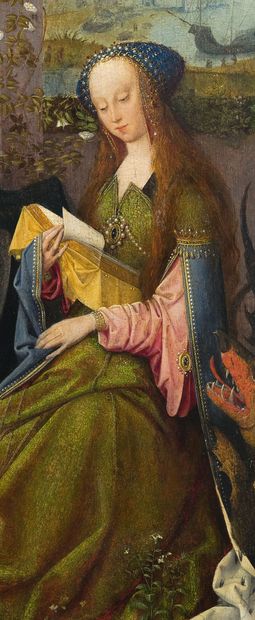GOSWIN VAN DER WEYDEN ANVERS, 1455/1465 - C. 1538 被亚历山大的圣凯瑟琳和安提阿的圣玛格丽特包围的圣母和儿童
板面油画...