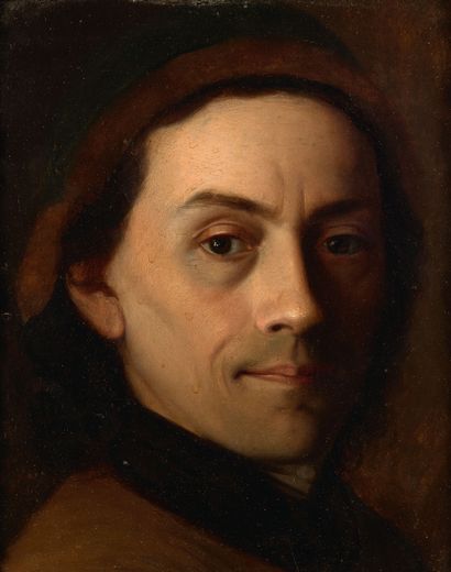 ÉCOLE ROMAINE, VERS 1750 ENTOURAGE D'UBALDO GANDOLFI 穿着室内服装的男子肖像
板上油彩 
25,4 x 19...