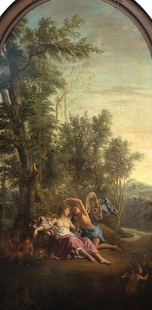 ÉCOLE FRANÇAISE, VERS 1730 弗洛拉和泽普尔
布面油画(在上区有弯曲) 
242.5 x 122厘米
