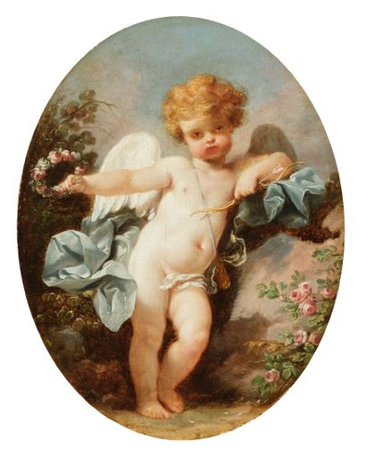 ATTRIBUÉ À JEAN-JACQUES BACHELIER PARIS, 1724 - 1806 Cupid
Oil on panel (an oval)...