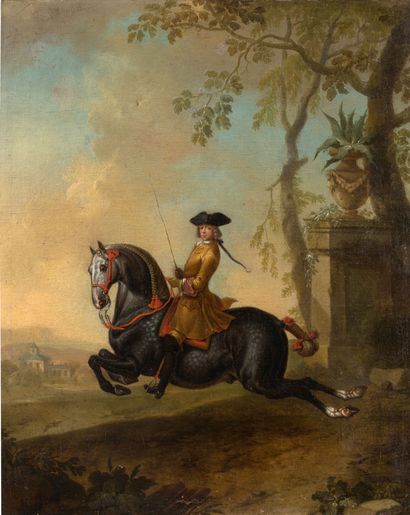 JOHANN GEORG DE HAMILTON MUNICH, 1672 - 1737, VIENNE 骑手骑着他的Lipizzaner表演Capriole
布面油画
91...
