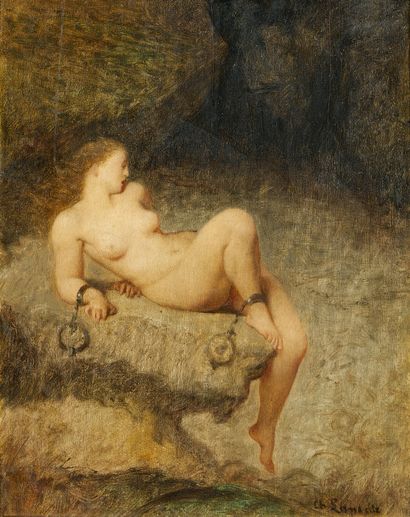 CHARLES LANDELLE LAVAL, 1821 - 1908, CHENNEVIÈRES-SUR-MARNE 被锁在岩石上的赫西恩
板面油画
签名右下：Ch....
