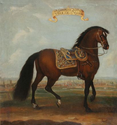 ÉCOLE FRANÇAISE DU XVIIe SIÈCLE 迪南镇前的 "Le San Pareil Espagnol "马的肖像
布面油画
43 x 53...