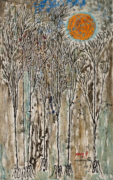 LAXMAN PAI (1926 - 2021) 树木，伦敦，1959年2月
镶嵌在画板上的油画，右下方有签名、日期和位置
122 x 76厘米
48 1/32...