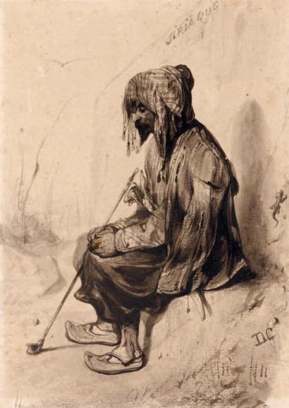 Alexandre Gabriel DECAMPS (1803-1860) Turc assis, fumant sa pipe Encre et lavis sur...