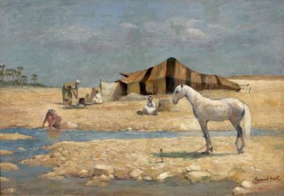 Armand POINT (1861-1932) Campement nomade Huile sur toile signée en bas à droite...