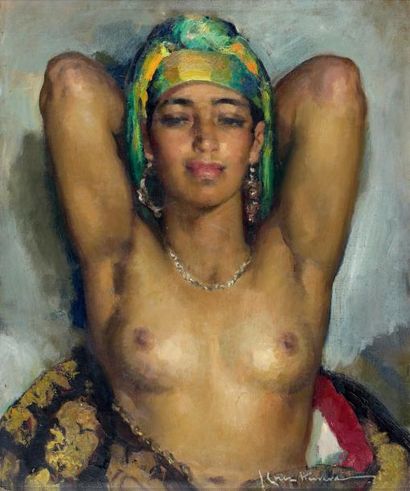 José CRUZ HERRERA (1890-1972) Orientale au voile vert Huile sur toile, signée en...