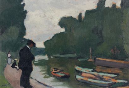 Albert MARQUET (1875-1947) Au bord de la Seine à Poissy, 1908 Huile sur panneau,...