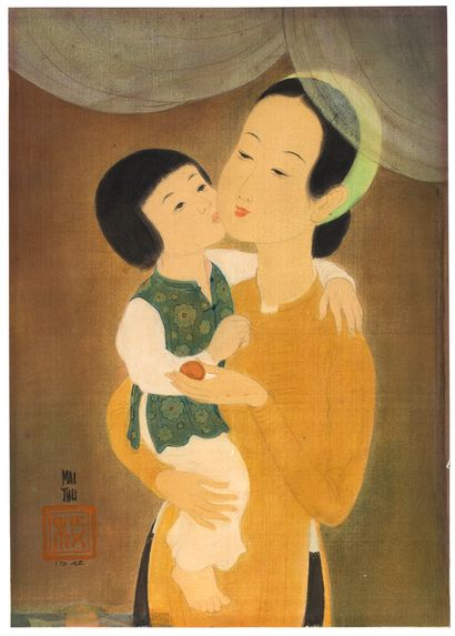MAI TRUNG THỨ (1906-1980) Maternité au fruit, 1942
Encre et couleurs sur soie, signée...