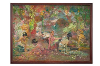 TRAN DINH PHUONG (né en 1962) Baigneuses à la rivière
Oil on canvas, signed lower...
