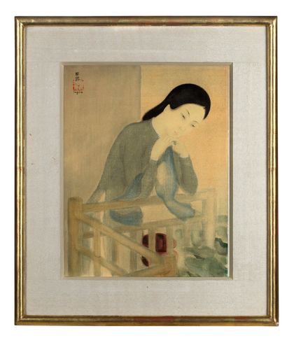 LÊ PHỔ (1907-2001) Femme au balcon, circa 1935
Encre et couleurs sur soie, signée...